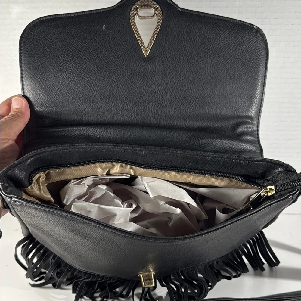Femina Fringe Leopard Print Black Handbag Gold Interior Detachable Strap - Picture 10 of 16